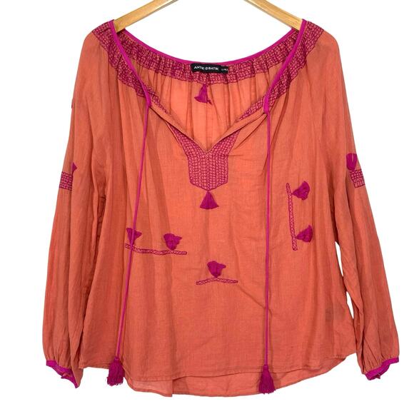 ANTIK BATIK Women’s Midtown Embroidered Boho Coral Blouse Large